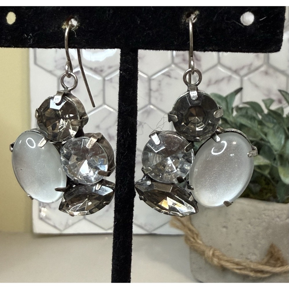 Vintage Frosted Rhinestone Silver Tone Hook Earrings 1 inch